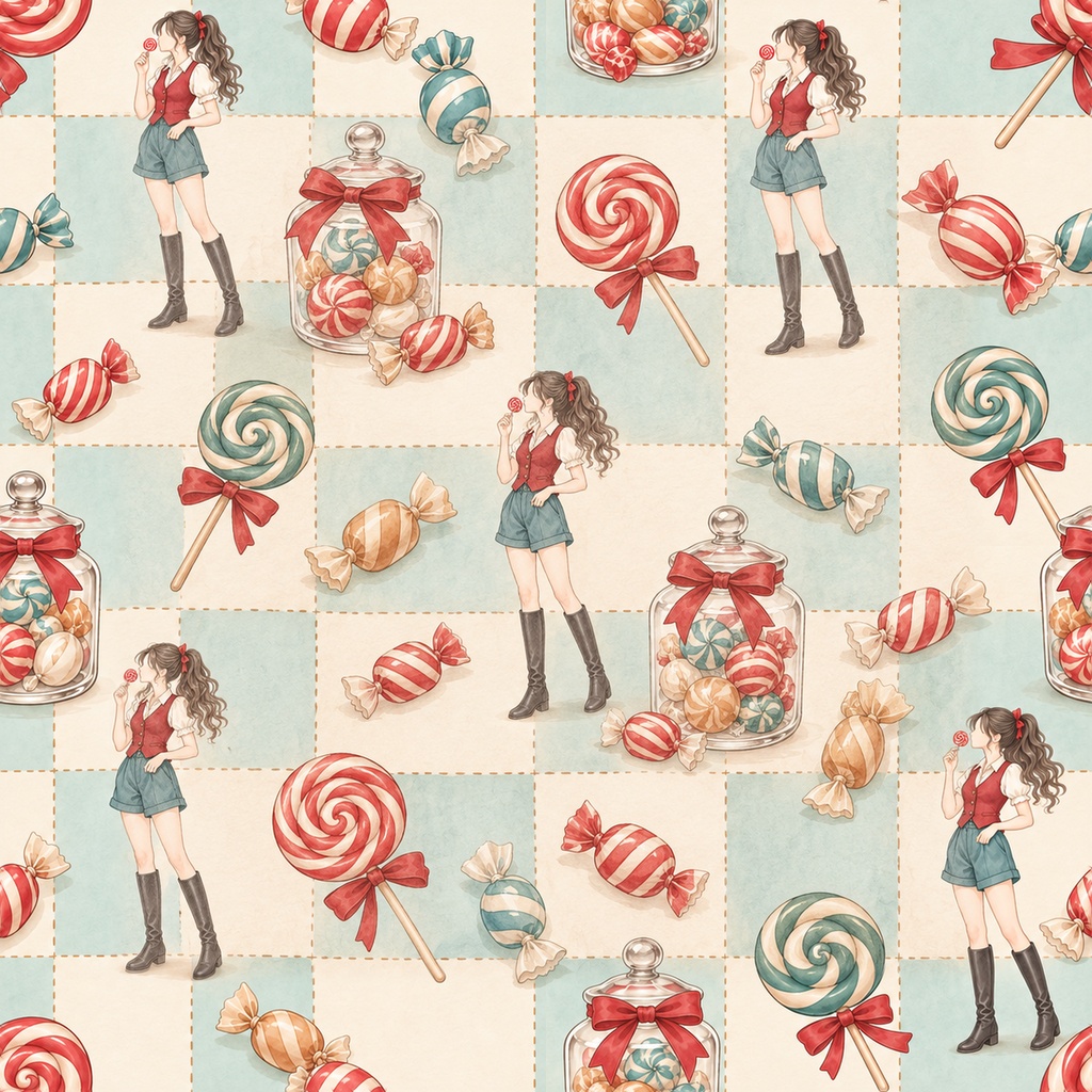 Candy Girl Collection|お菓子・ロリポップ・レース|A4印刷用PDF付き|手帳素材・ラッピング|シームレスPNG女の子とキャンディーの水彩デジタルペーパー10枚|