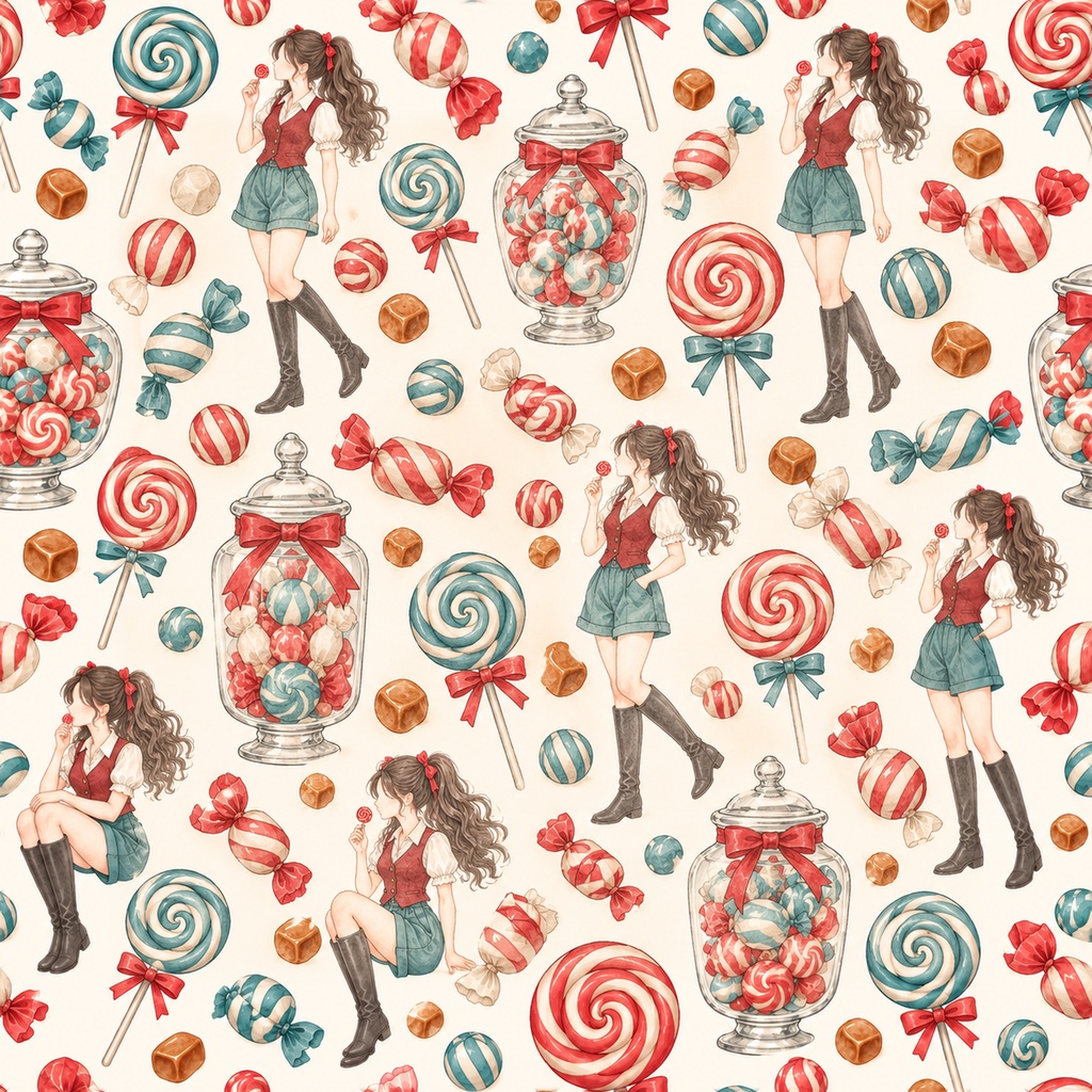Candy Girl Collection|お菓子・ロリポップ・レース|A4印刷用PDF付き|手帳素材・ラッピング|シームレスPNG女の子とキャンディーの水彩デジタルペーパー10枚|