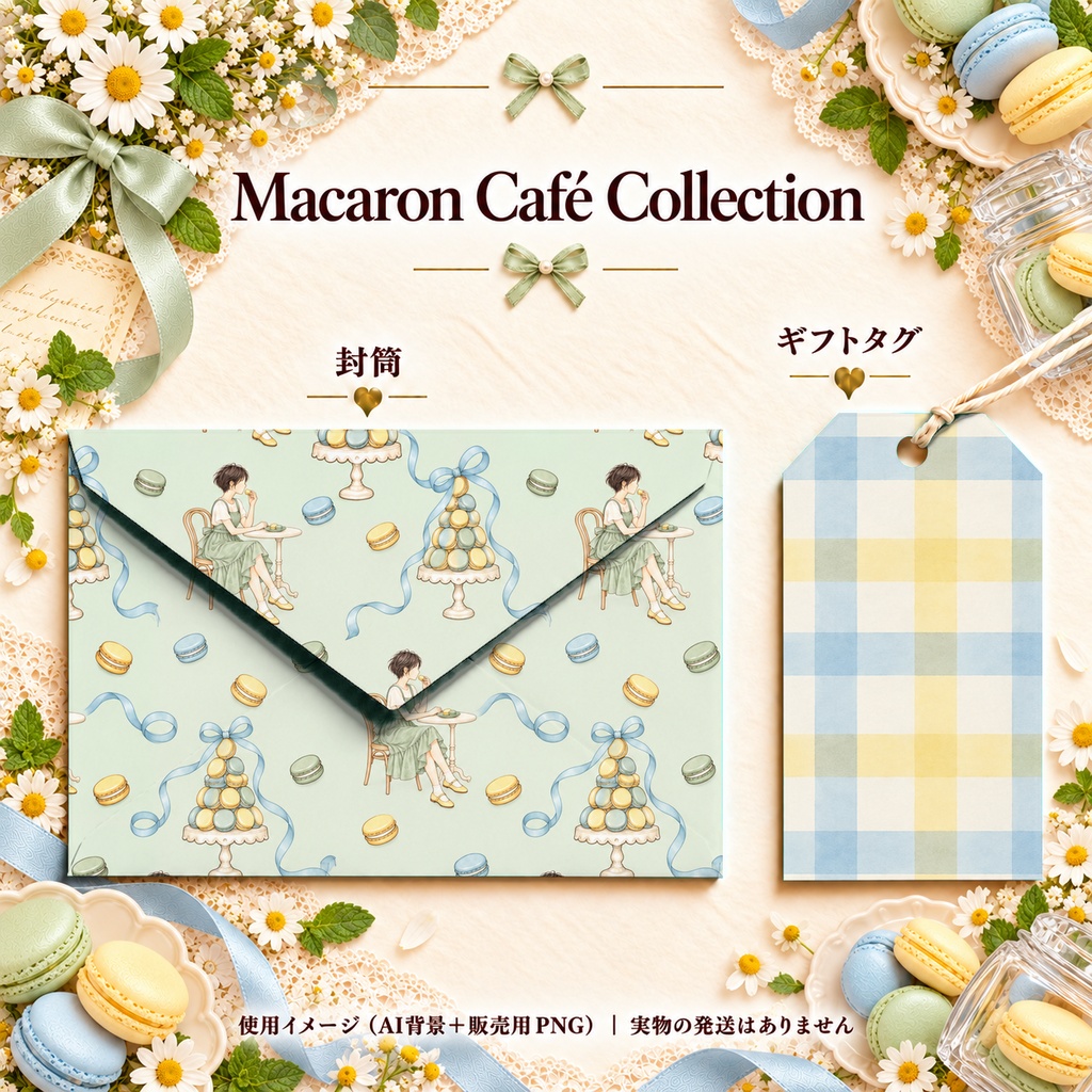 Macaron Café Collection|スイーツ・カフェ・レース|A4印刷用PDF付き|手帳素材・ラッピング|シームレスPNG女の子とマカロンの水彩デジタルペーパー10枚|