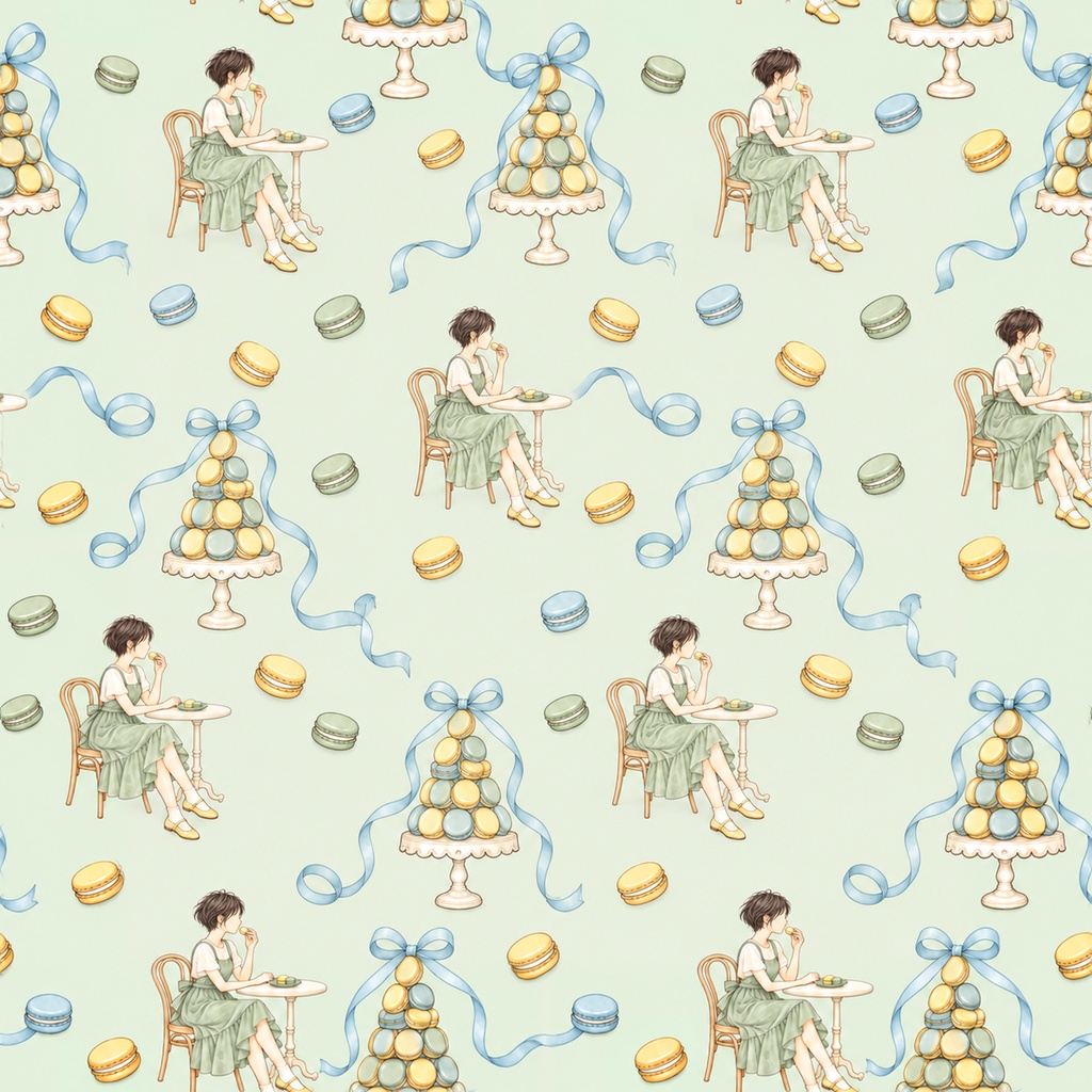 Macaron Café Collection|スイーツ・カフェ・レース|A4印刷用PDF付き|手帳素材・ラッピング|シームレスPNG女の子とマカロンの水彩デジタルペーパー10枚|