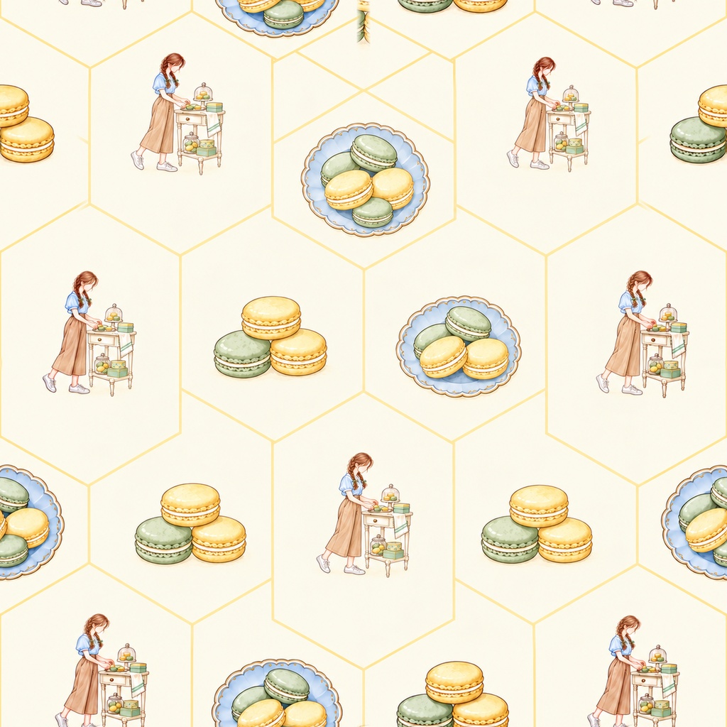 Macaron Café Collection|スイーツ・カフェ・レース|A4印刷用PDF付き|手帳素材・ラッピング|シームレスPNG女の子とマカロンの水彩デジタルペーパー10枚|