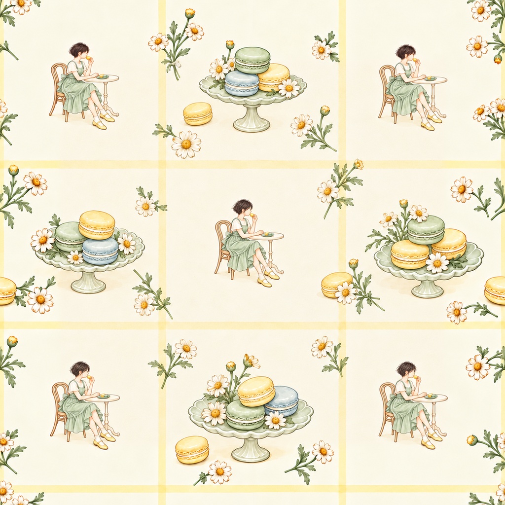Macaron Café Collection|スイーツ・カフェ・レース|A4印刷用PDF付き|手帳素材・ラッピング|シームレスPNG女の子とマカロンの水彩デジタルペーパー10枚|