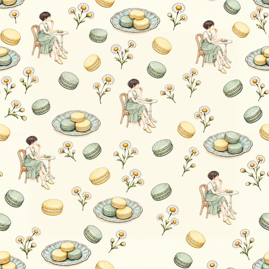 Macaron Café Collection|スイーツ・カフェ・レース|A4印刷用PDF付き|手帳素材・ラッピング|シームレスPNG女の子とマカロンの水彩デジタルペーパー10枚|