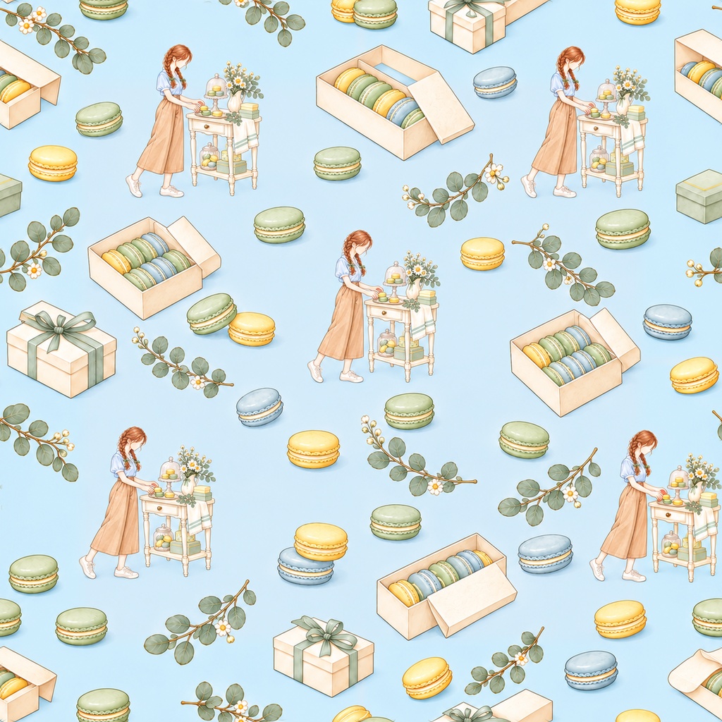 Macaron Café Collection|スイーツ・カフェ・レース|A4印刷用PDF付き|手帳素材・ラッピング|シームレスPNG女の子とマカロンの水彩デジタルペーパー10枚|