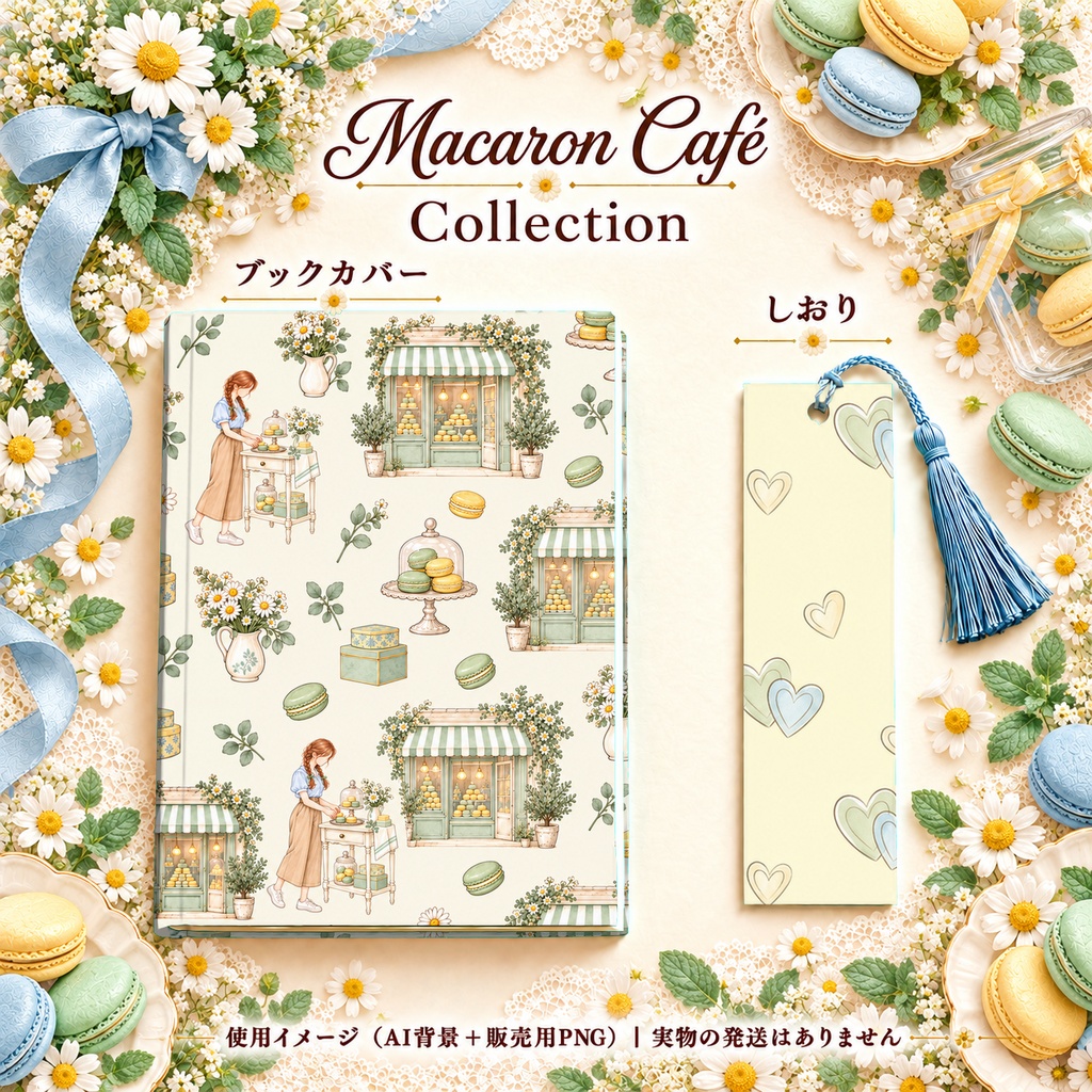 Macaron Café Collection|スイーツ・カフェ・レース|A4印刷用PDF付き|手帳素材・ラッピング|シームレスPNG女の子とマカロンの水彩デジタルペーパー10枚|
