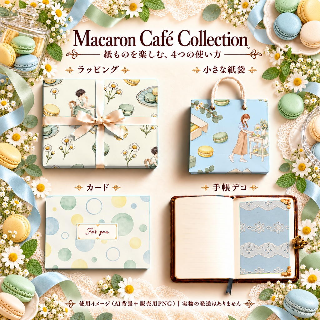 Macaron Café Collection|スイーツ・カフェ・レース|A4印刷用PDF付き|手帳素材・ラッピング|シームレスPNG女の子とマカロンの水彩デジタルペーパー10枚|