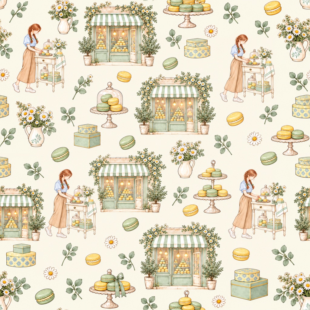 Macaron Café Collection|スイーツ・カフェ・レース|A4印刷用PDF付き|手帳素材・ラッピング|シームレスPNG女の子とマカロンの水彩デジタルペーパー10枚|