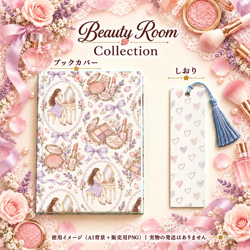 Beauty Room Collection|コスメ・ドレッサー・花柄・レース|A4印刷用PDF付き手帳素材・ラッピング|シームレスPNG女の子とメイクの水彩デジタルペーパー10枚|