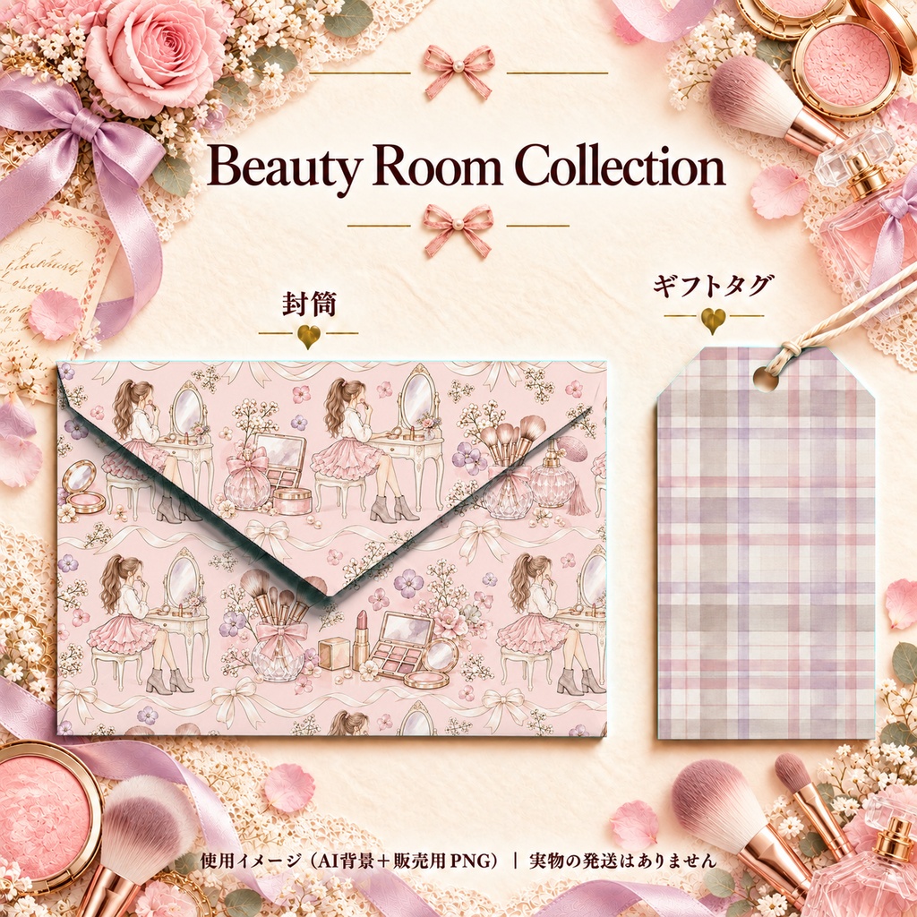Beauty Room Collection|コスメ・ドレッサー・花柄・レース|A4印刷用PDF付き手帳素材・ラッピング|シームレスPNG女の子とメイクの水彩デジタルペーパー10枚|