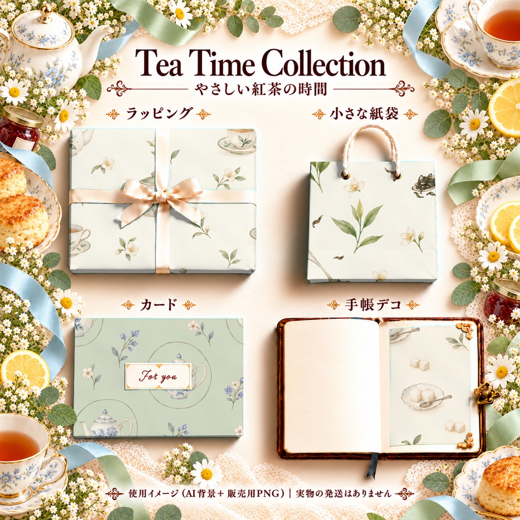 Tea Time Collection|ティーポット・カップ・スコーン・ジャム|A4印刷用PDF付き|カフェ・手帳素材・ラッピング|シームレスPNG紅茶の水彩デジタルペーパー10枚|