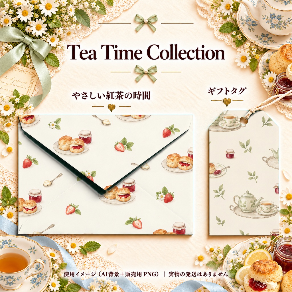 Tea Time Collection|ティーポット・カップ・スコーン・ジャム|A4印刷用PDF付き|カフェ・手帳素材・ラッピング|シームレスPNG紅茶の水彩デジタルペーパー10枚|