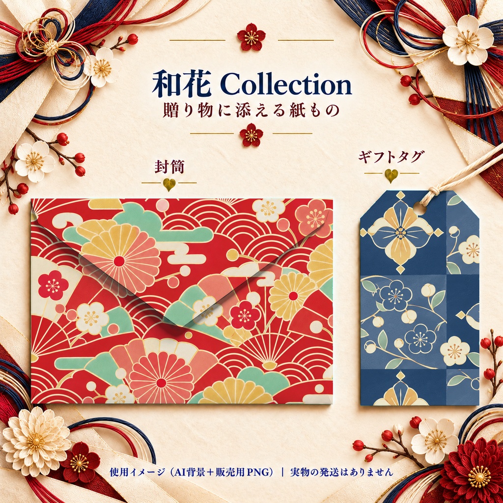 和花 Collection|菊・梅・椿の花柄/青海波・市松|A4印刷用PDF付き|和柄デジタルペーパー10枚|朱赤と紺・5柄×2色|シームレスPNG