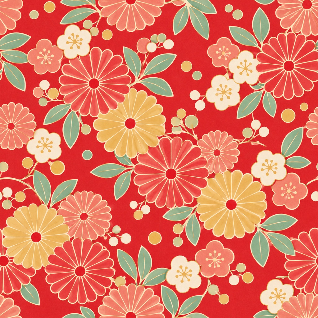 和花 Collection|菊・梅・椿の花柄/青海波・市松|A4印刷用PDF付き|和柄デジタルペーパー10枚|朱赤と紺・5柄×2色|シームレスPNG