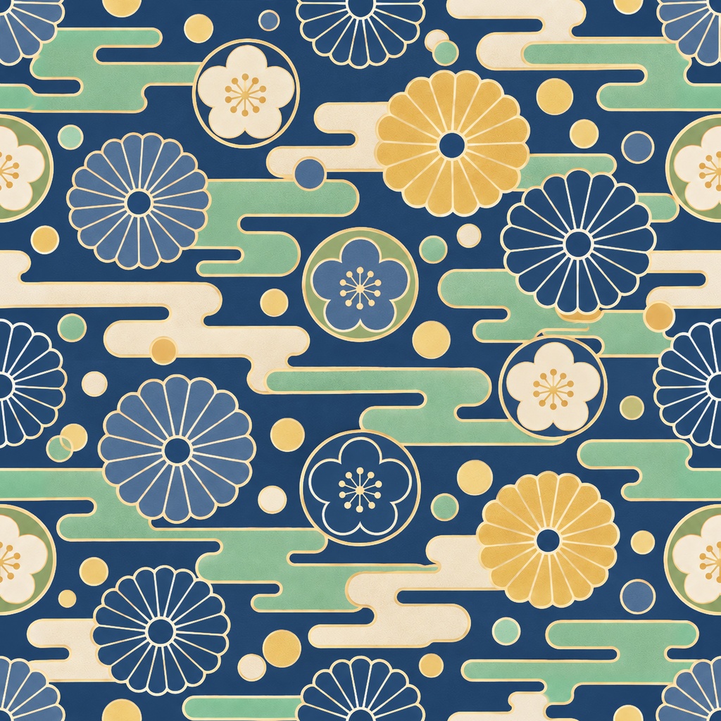 和花 Collection|菊・梅・椿の花柄/青海波・市松|A4印刷用PDF付き|和柄デジタルペーパー10枚|朱赤と紺・5柄×2色|シームレスPNG
