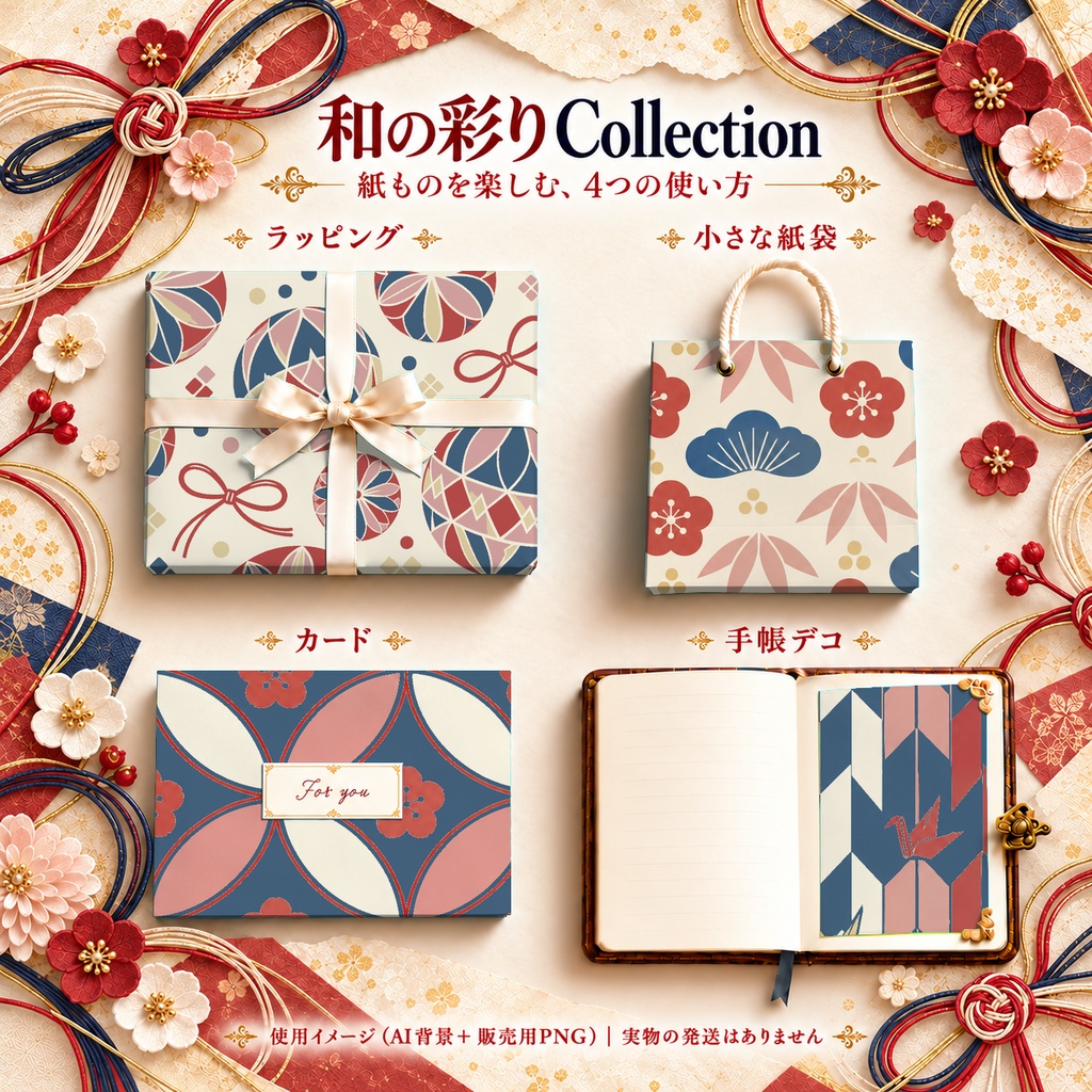 和の彩り Collection|手毬・七宝・矢絣・松竹梅・千鳥和柄デジタルペーパー10枚|A4印刷用PDF付き||生成りと青・5柄×2色|シームレスPNG