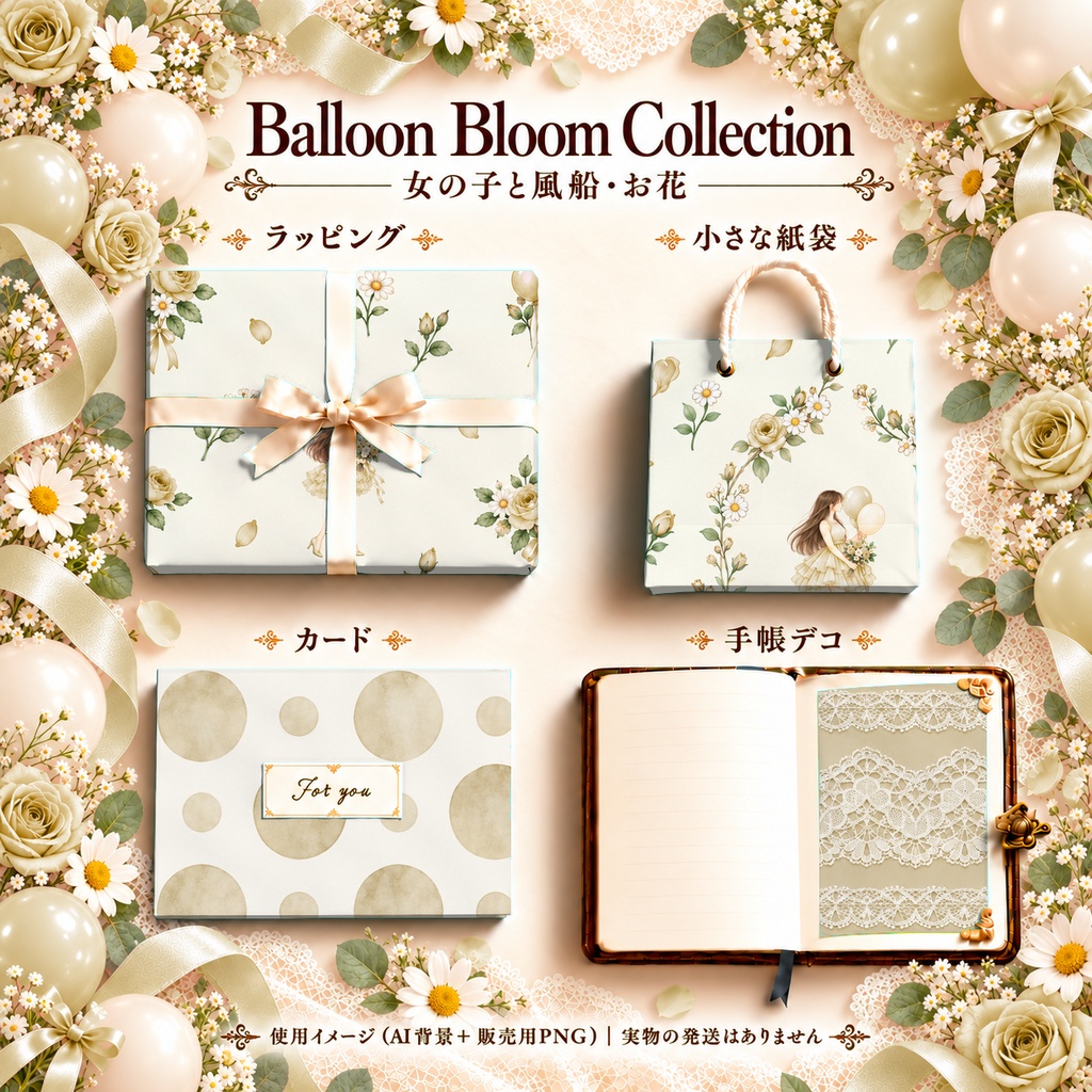 Balloon Bloom Collection|女の子と風船・花の水彩デジタルペーパー10枚〈クリームイエロー〉|A4印刷用PDF付き|バラ・リボン・レース|手帳素材・ラッピング|シームレスPNG
