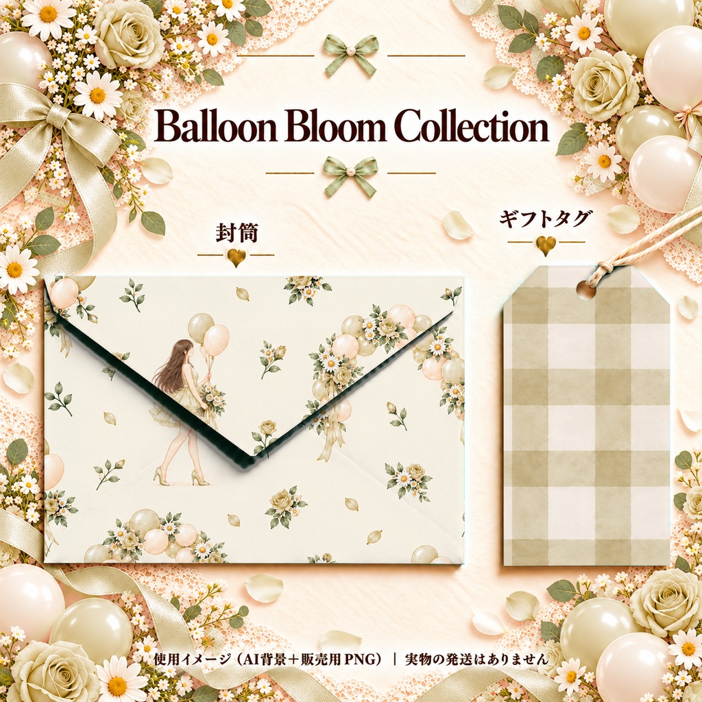 Balloon Bloom Collection|女の子と風船・花の水彩デジタルペーパー10枚〈クリームイエロー〉|A4印刷用PDF付き|バラ・リボン・レース|手帳素材・ラッピング|シームレスPNG