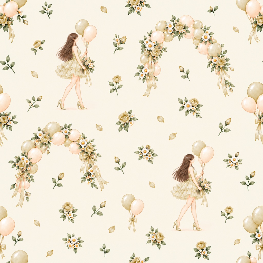 Balloon Bloom Collection|女の子と風船・花の水彩デジタルペーパー10枚〈クリームイエロー〉|A4印刷用PDF付き|バラ・リボン・レース|手帳素材・ラッピング|シームレスPNG