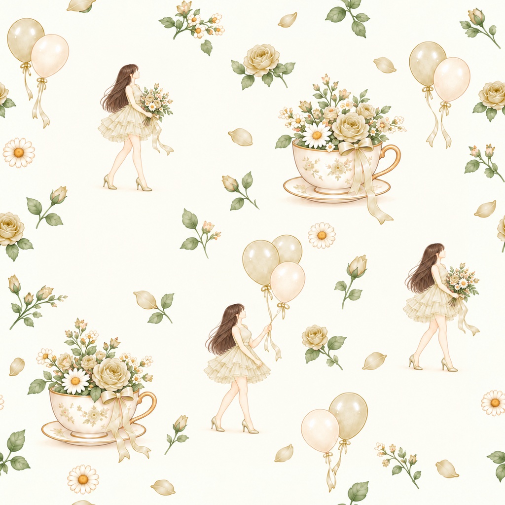 Balloon Bloom Collection|女の子と風船・花の水彩デジタルペーパー10枚〈クリームイエロー〉|A4印刷用PDF付き|バラ・リボン・レース|手帳素材・ラッピング|シームレスPNG