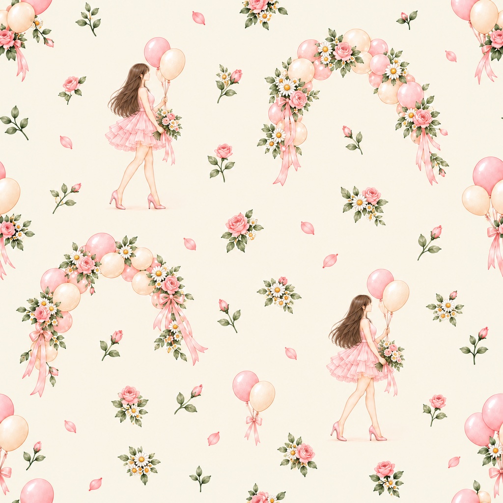 Balloon Bloom Collection|女の子と風船・花の水彩デジタルペーパー10枚〈ピンク〉|A4印刷用PDF付き|バラ・リボン・レース|手帳素材・ラッピング|シームレスPNG
