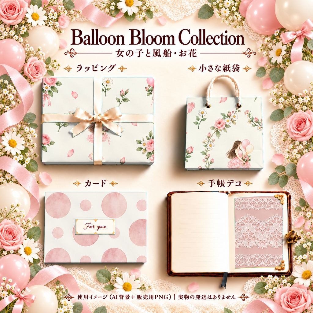 Balloon Bloom Collection|女の子と風船・花の水彩デジタルペーパー10枚〈ピンク〉|A4印刷用PDF付き|バラ・リボン・レース|手帳素材・ラッピング|シームレスPNG