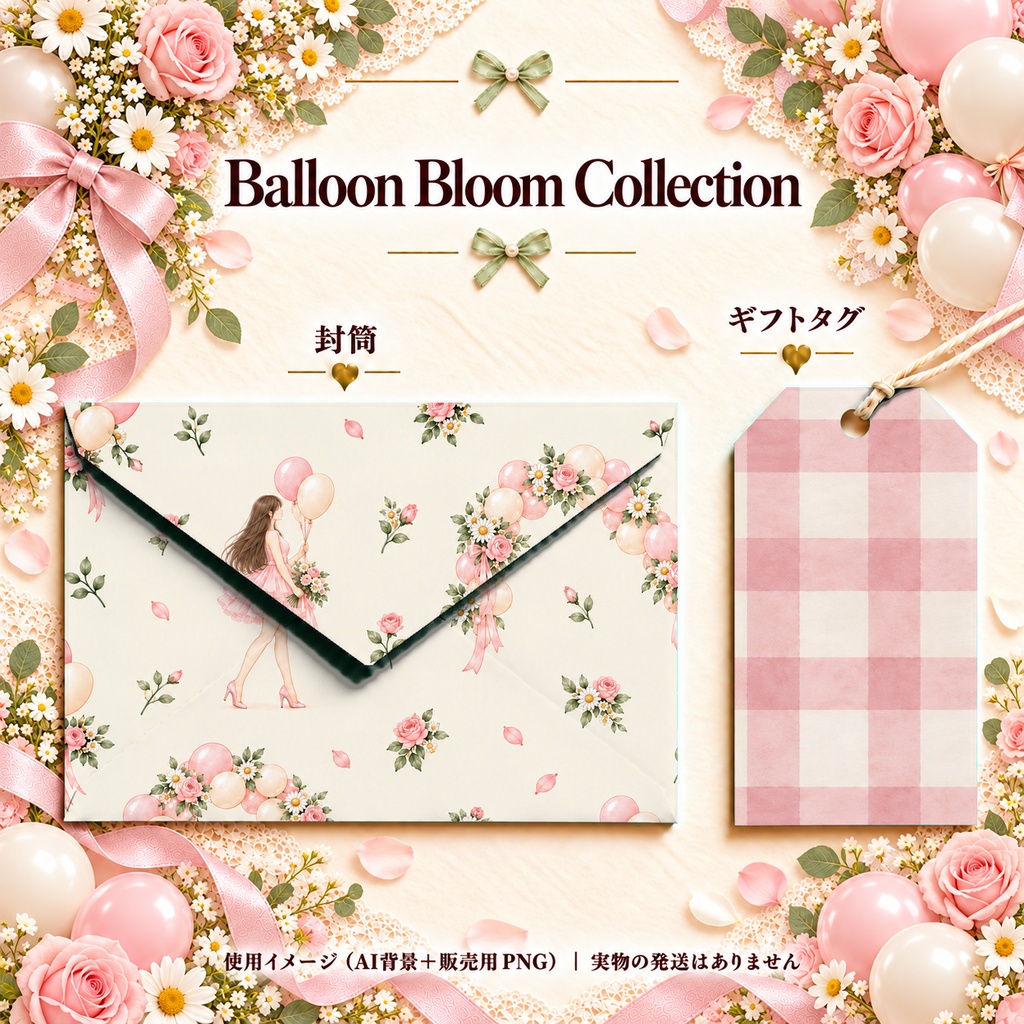 Balloon Bloom Collection|女の子と風船・花の水彩デジタルペーパー10枚〈ピンク〉|A4印刷用PDF付き|バラ・リボン・レース|手帳素材・ラッピング|シームレスPNG