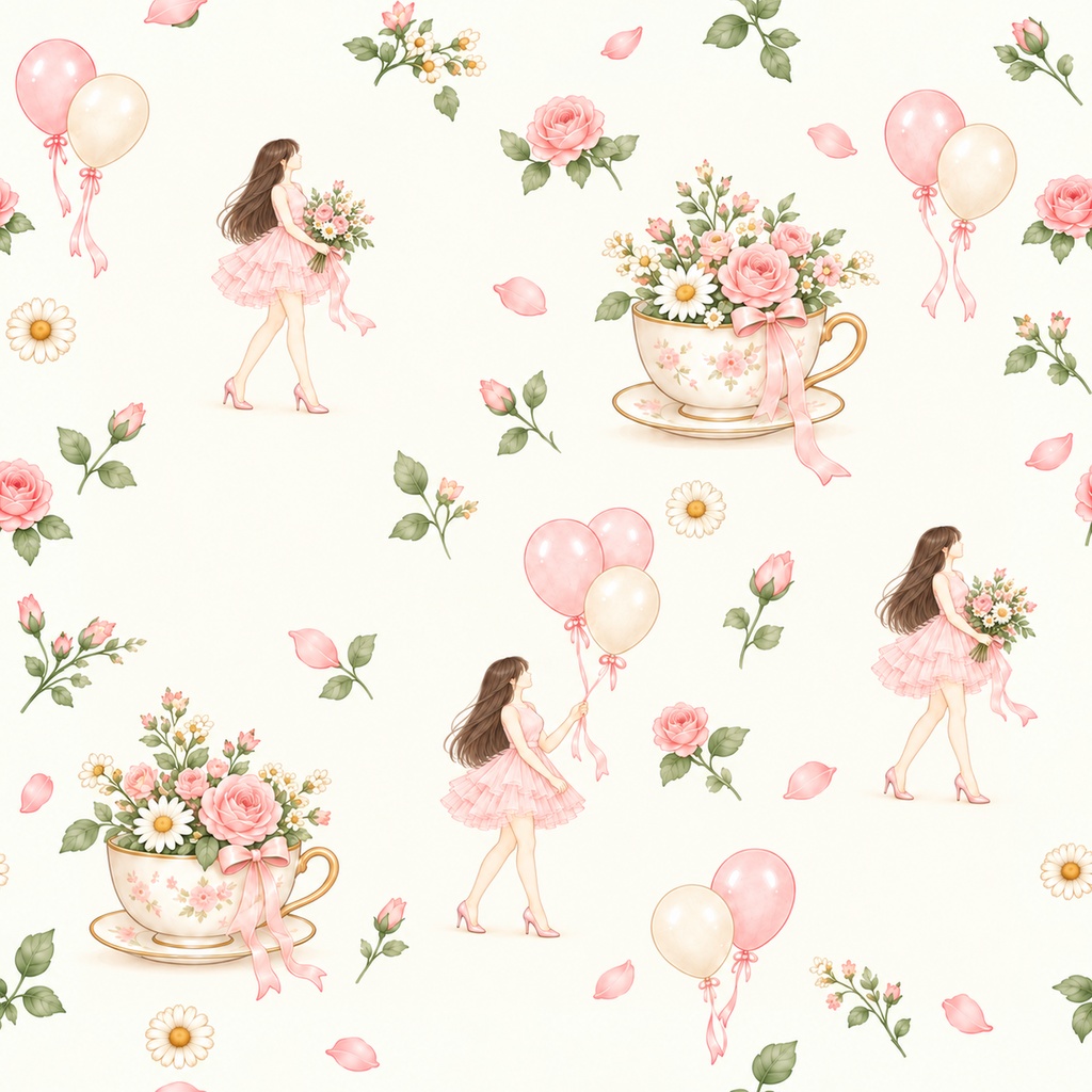Balloon Bloom Collection|女の子と風船・花の水彩デジタルペーパー10枚〈ピンク〉|A4印刷用PDF付き|バラ・リボン・レース|手帳素材・ラッピング|シームレスPNG