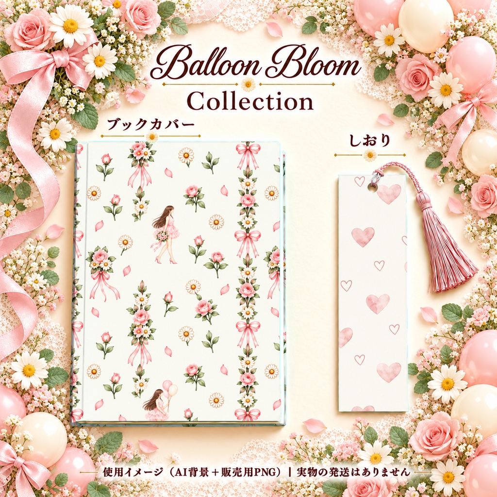 Balloon Bloom Collection|女の子と風船・花の水彩デジタルペーパー10枚〈ピンク〉|A4印刷用PDF付き|バラ・リボン・レース|手帳素材・ラッピング|シームレスPNG