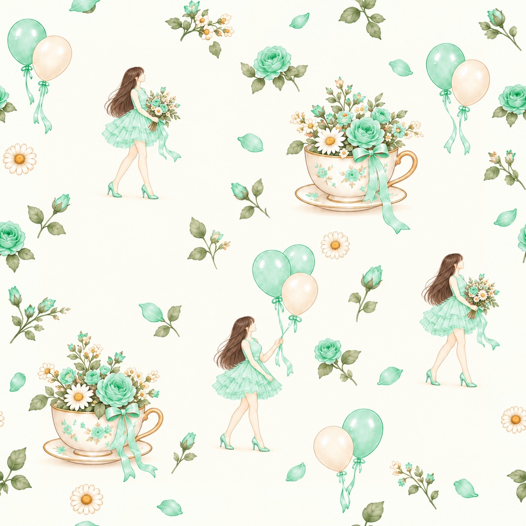 Balloon Bloom Collection|女の子と風船・花の水彩デジタルペーパー10枚〈ミントグリーン〉|A4印刷用PDF付き|バラ・リボン・レース|手帳素材・ラッピング|シームレスPNG