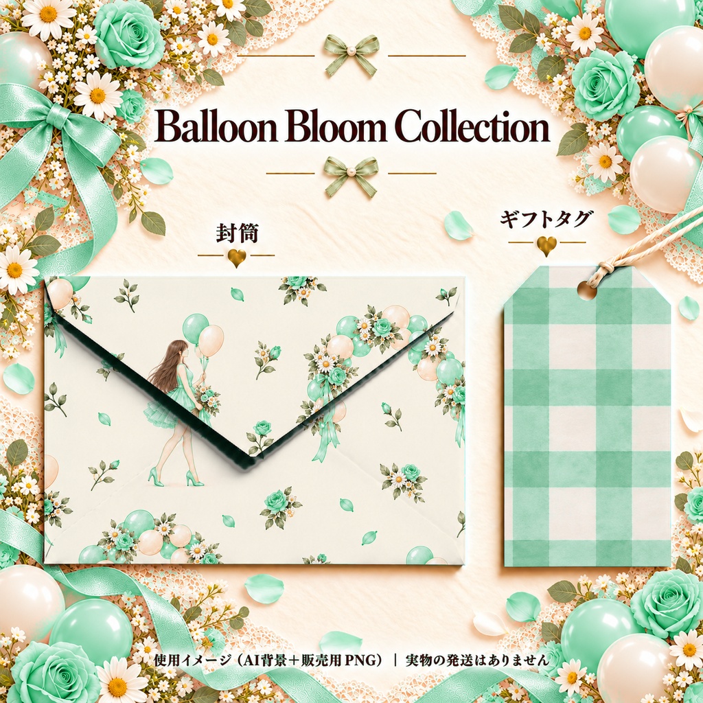 Balloon Bloom Collection|女の子と風船・花の水彩デジタルペーパー10枚〈ミントグリーン〉|A4印刷用PDF付き|バラ・リボン・レース|手帳素材・ラッピング|シームレスPNG