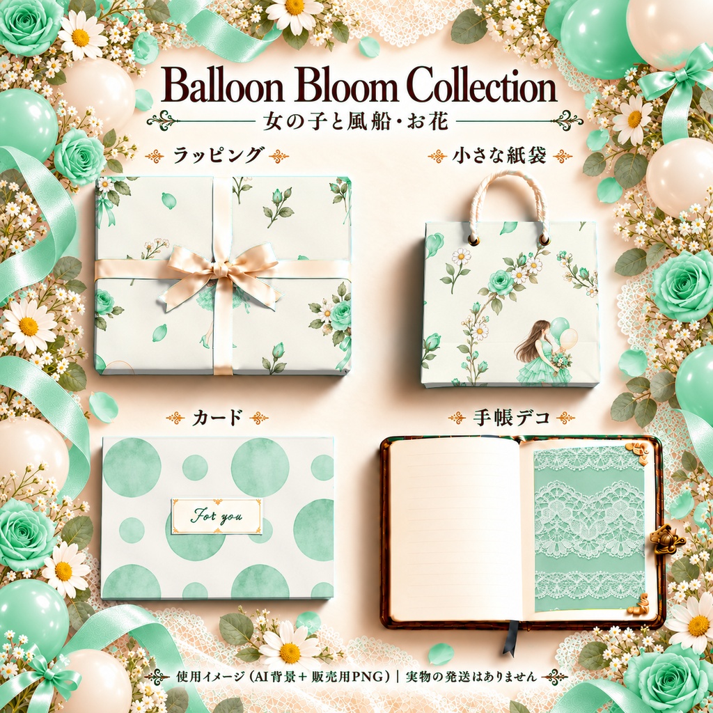 Balloon Bloom Collection|女の子と風船・花の水彩デジタルペーパー10枚〈ミントグリーン〉|A4印刷用PDF付き|バラ・リボン・レース|手帳素材・ラッピング|シームレスPNG