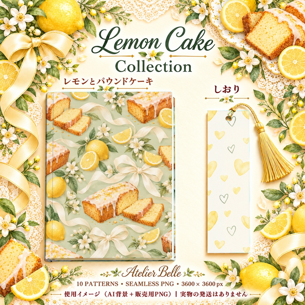 Lemon Cake Collection| レモンとパウンドケーキ|水彩デジタルペーパー10枚|スイーツ・花柄・手帳素材・ラッピング|シームレスPNG|A4印刷用PDF付き