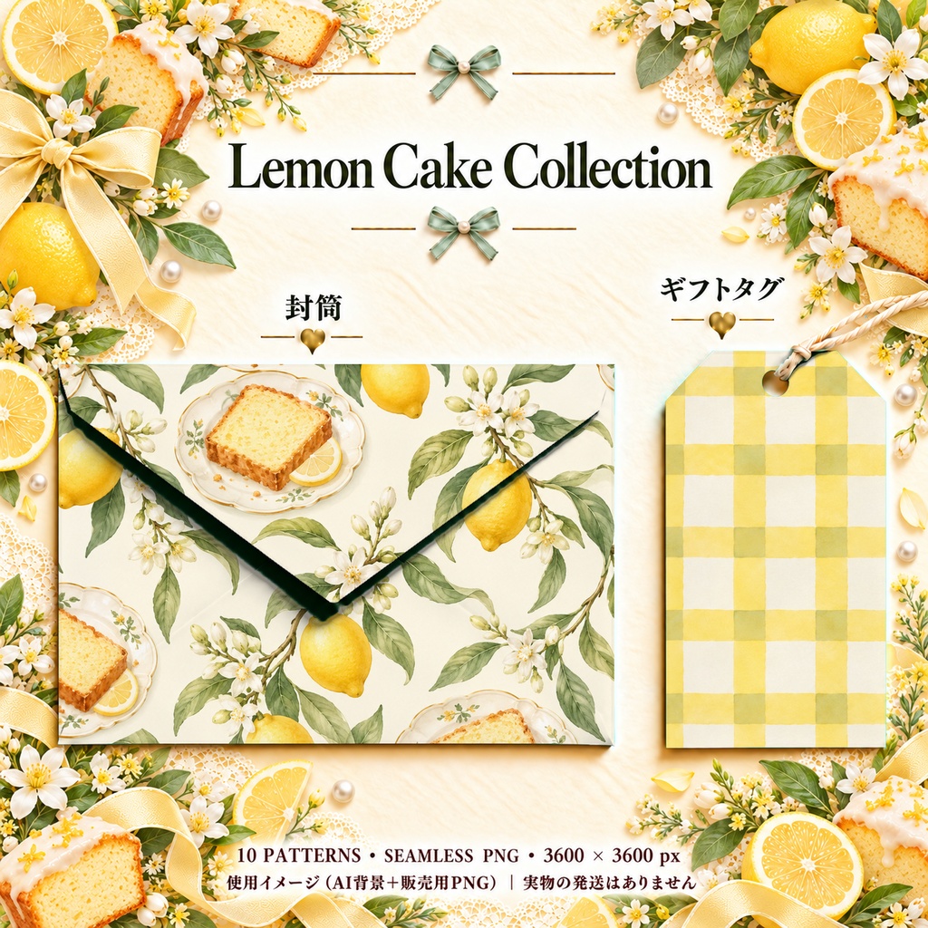 Lemon Cake Collection| レモンとパウンドケーキ|水彩デジタルペーパー10枚|スイーツ・花柄・手帳素材・ラッピング|シームレスPNG|A4印刷用PDF付き
