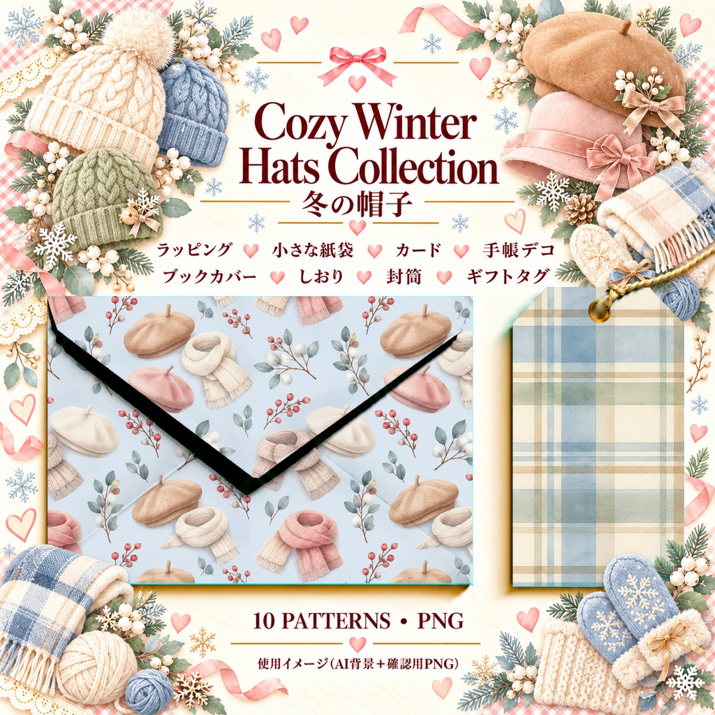 Cozy Winter Hats Collection|冬の帽子|水彩デジタルペーパー10柄|ニット帽・冬小物・手帳素材|PNG素材|A4印刷用PDF付き