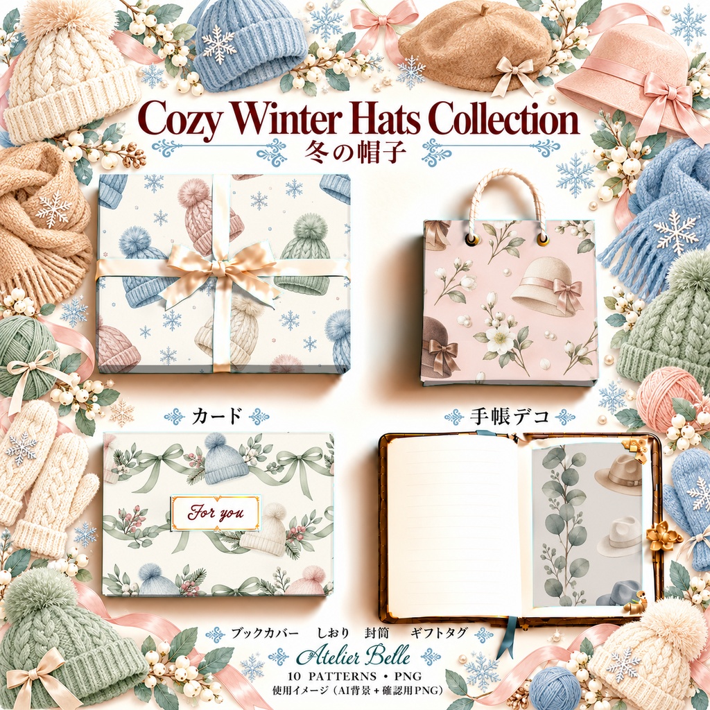 Cozy Winter Hats Collection|冬の帽子|水彩デジタルペーパー10柄|ニット帽・冬小物・手帳素材|PNG素材|A4印刷用PDF付き