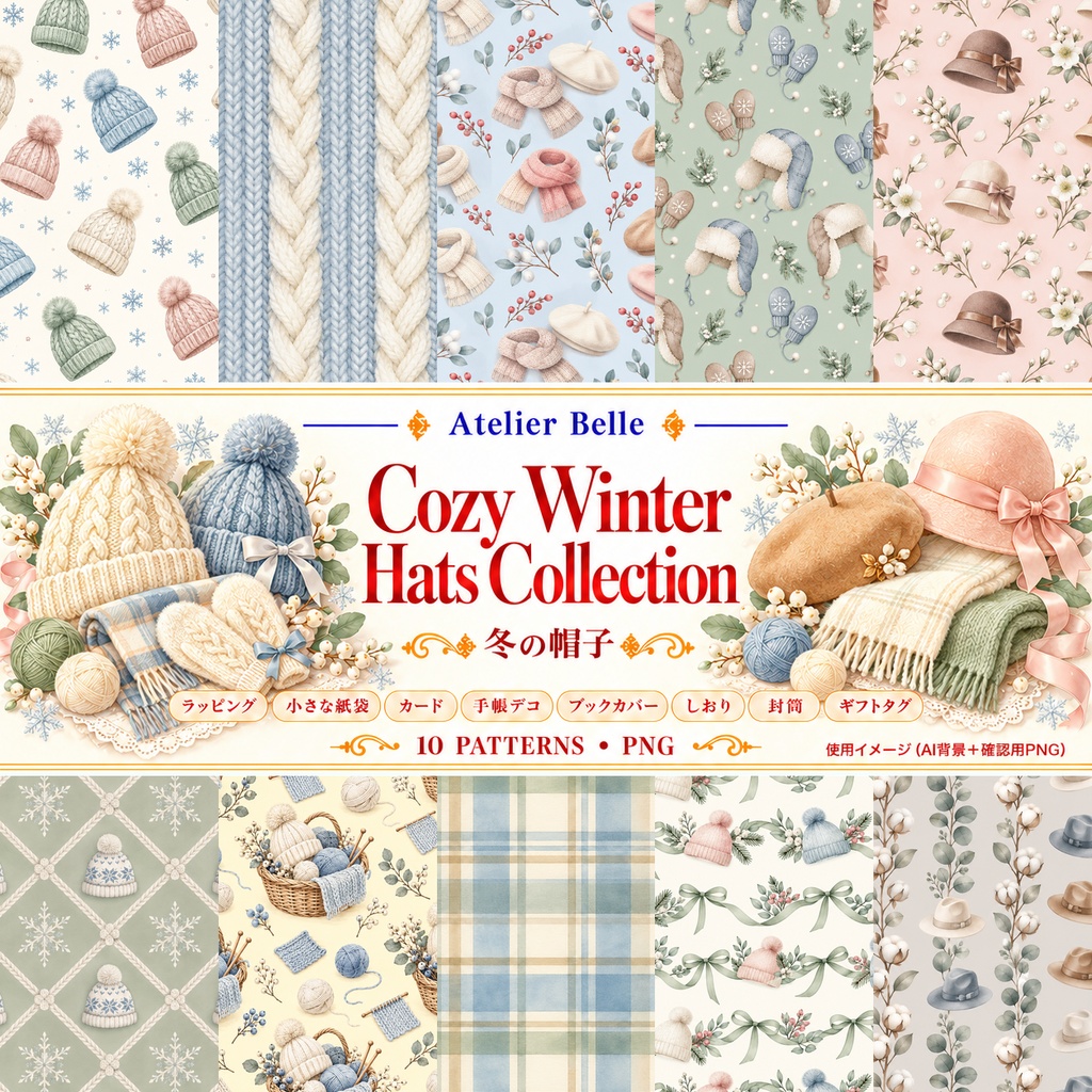 Cozy Winter Hats Collection｜冬の帽子｜水彩デジタルペーパー10柄｜ニット帽・冬小物・手帳素材｜PNG素材｜A4印刷用PDF付き