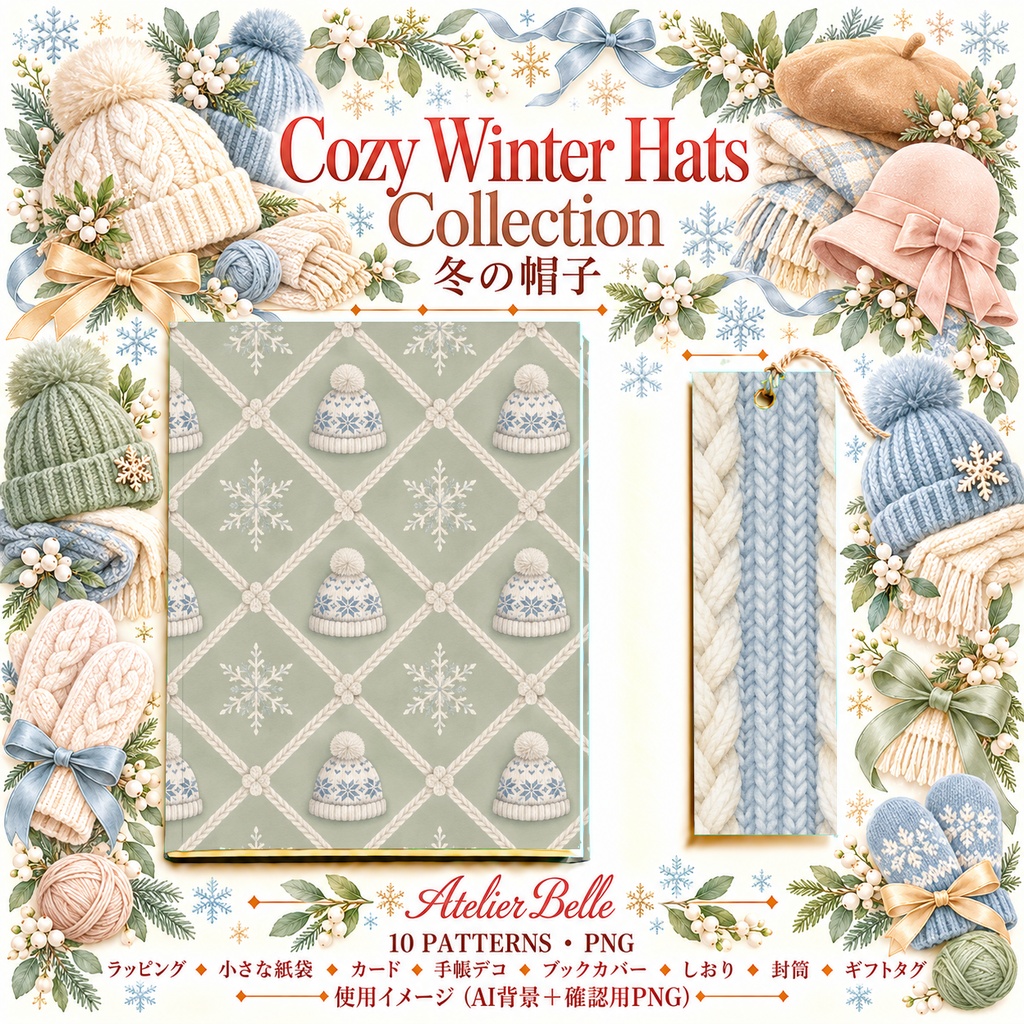 Cozy Winter Hats Collection|冬の帽子|水彩デジタルペーパー10柄|ニット帽・冬小物・手帳素材|PNG素材|A4印刷用PDF付き