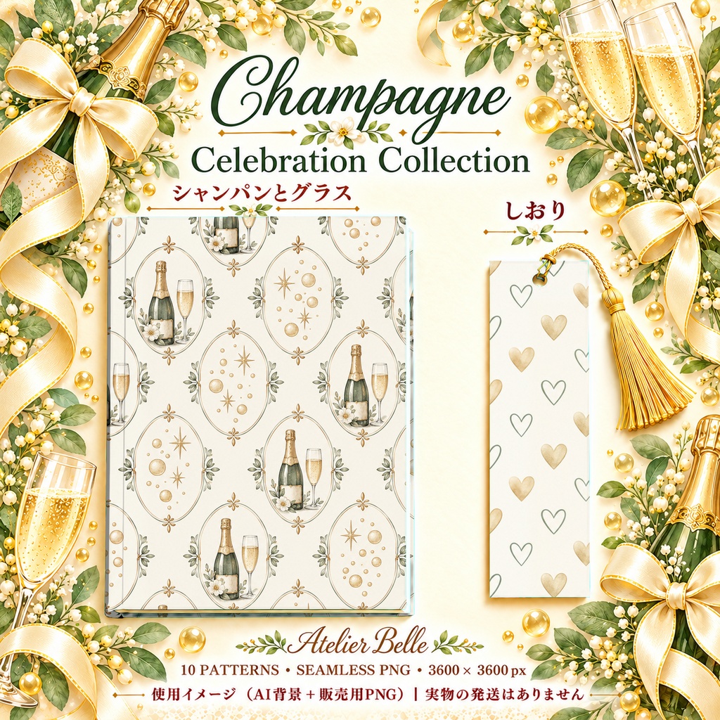 Champagne Celebration Collection|シャンパンとグラス|水彩デジタルペーパー10枚|手帳素材・ラッピング|シームレスPNG|A4印刷用PDF付き