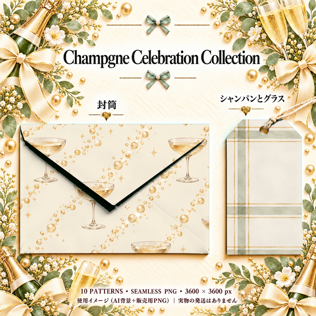 Champagne Celebration Collection|シャンパンとグラス|水彩デジタルペーパー10枚|手帳素材・ラッピング|シームレスPNG|A4印刷用PDF付き