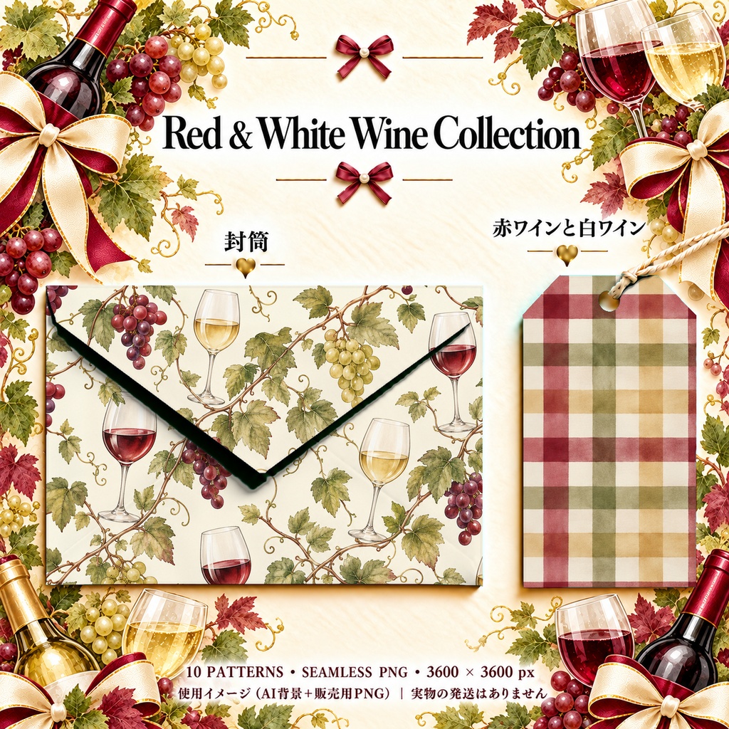Red & White Wine Collection|赤ワインと白ワイン|水彩デジタルペーパー10枚|葡萄柄・手帳素材・ラッピング|シームレスPNG|A4印刷用PDF付き