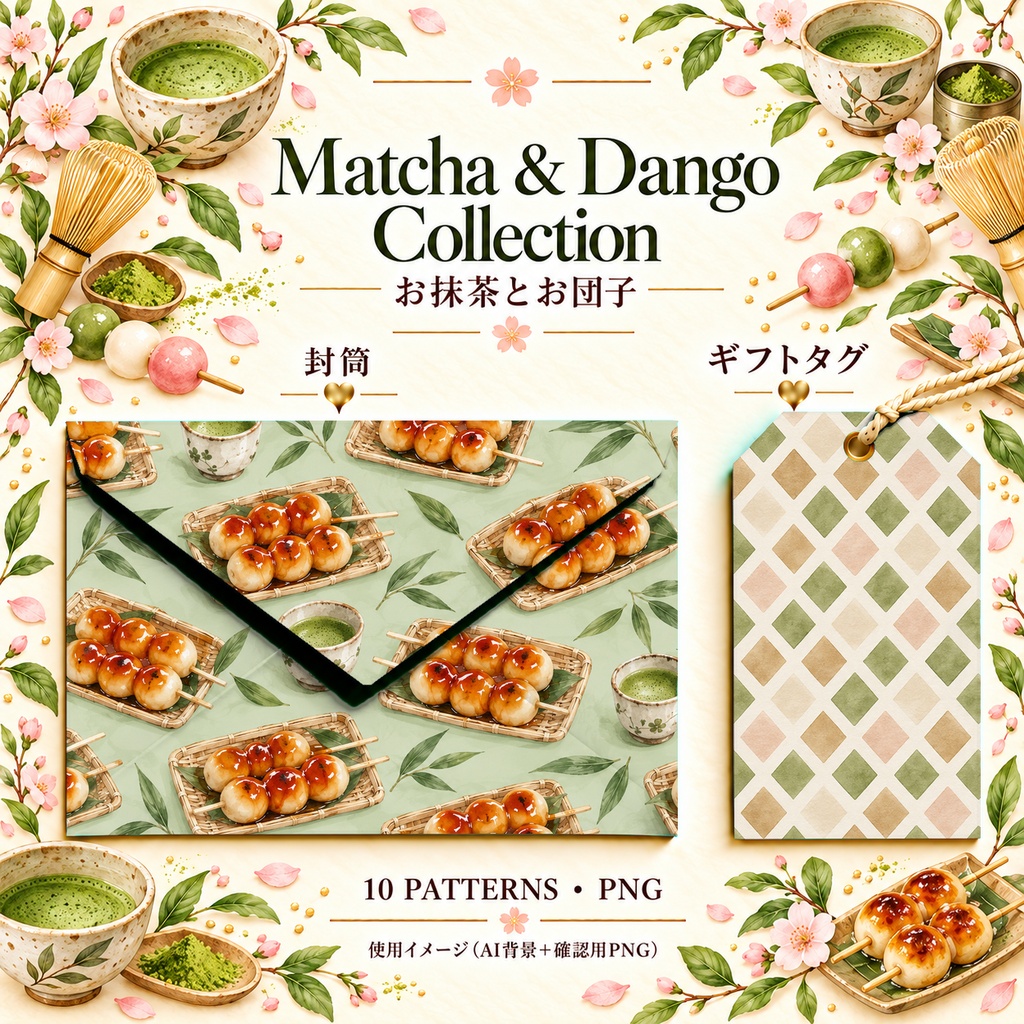 Matcha & Dango Collection|お抹茶とお団子・和菓子・和柄|水彩デジタルペーパー10枚|和カフェ・手帳素材・ラッピング|PNG素材|A4印刷用PDF付き