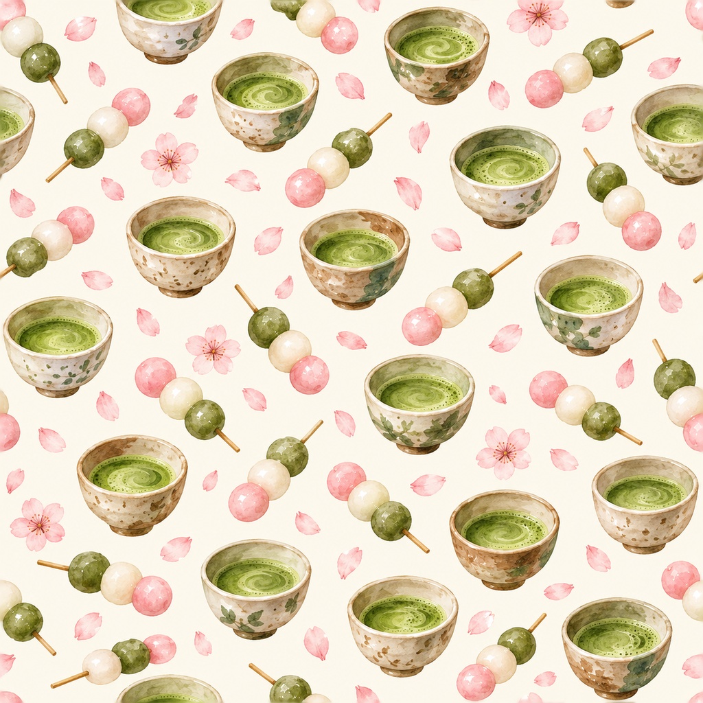 Matcha & Dango Collection|お抹茶とお団子・和菓子・和柄|水彩デジタルペーパー10枚|和カフェ・手帳素材・ラッピング|PNG素材|A4印刷用PDF付き