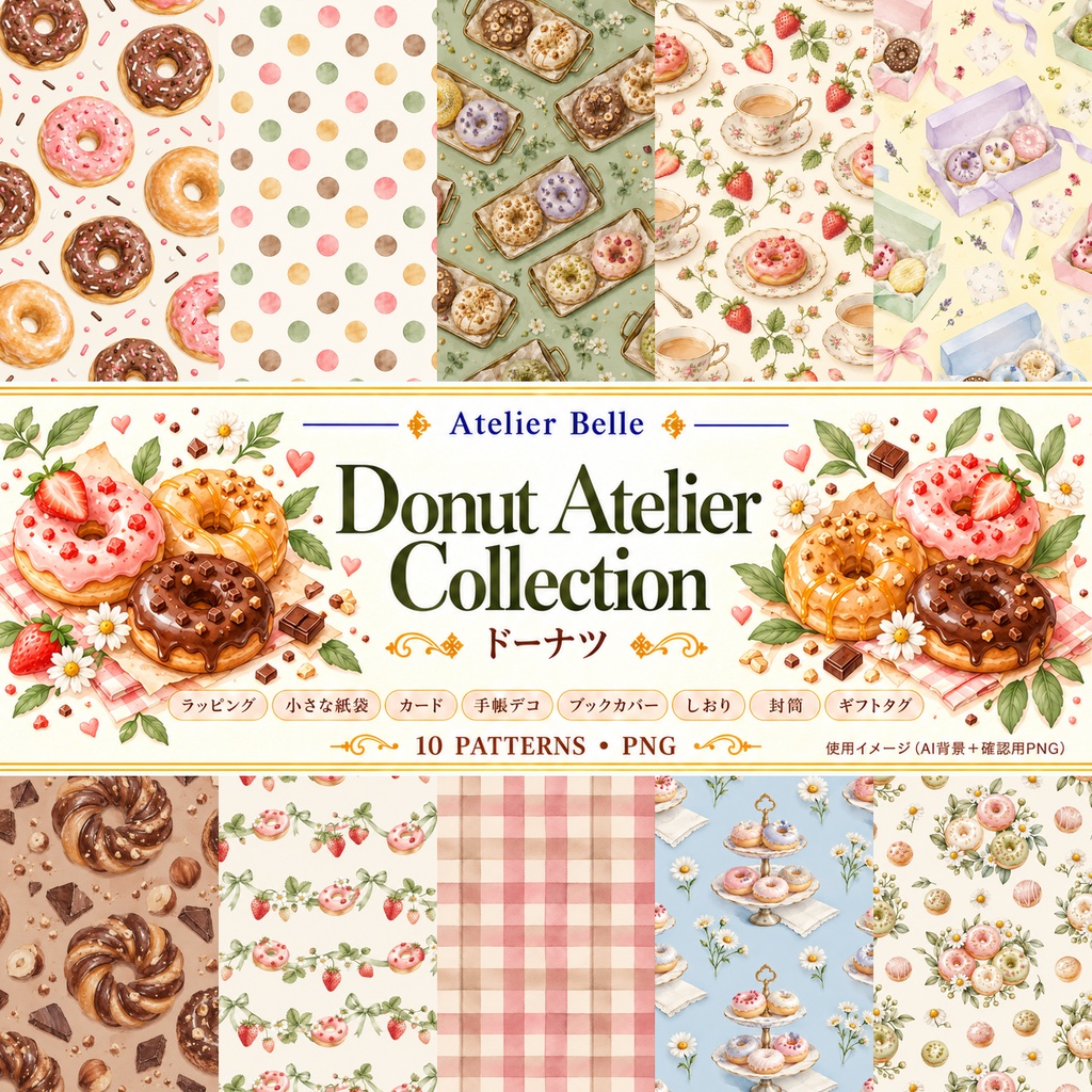 Donut Atelier Collection｜ドーナツとベーカリー｜水彩デジタルペーパー10柄｜カフェ・スイーツ・手帳素材｜PNG素材｜A4印刷用PDF付き