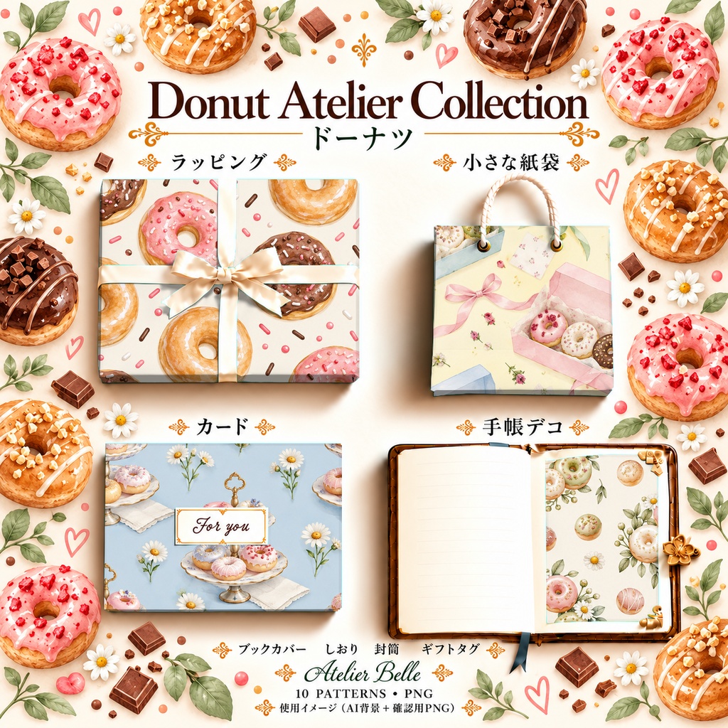 Donut Atelier Collection|ドーナツとベーカリー|水彩デジタルペーパー10柄|カフェ・スイーツ・手帳素材|PNG素材|A4印刷用PDF付き