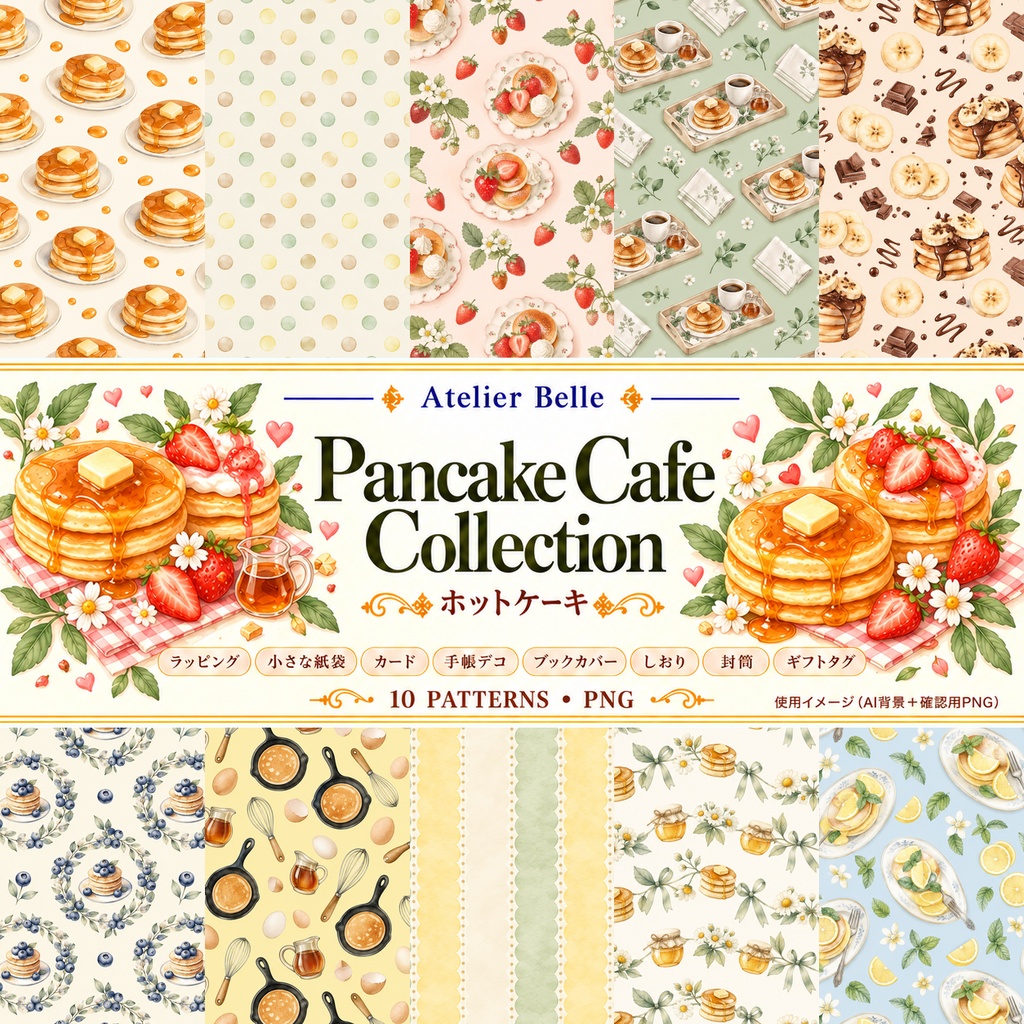 Pancake Cafe Collection｜ホットケーキとメープル｜水彩デジタルペーパー10柄｜カフェ・スイーツ・手帳素材｜PNG素材｜A4印刷用PDF付き