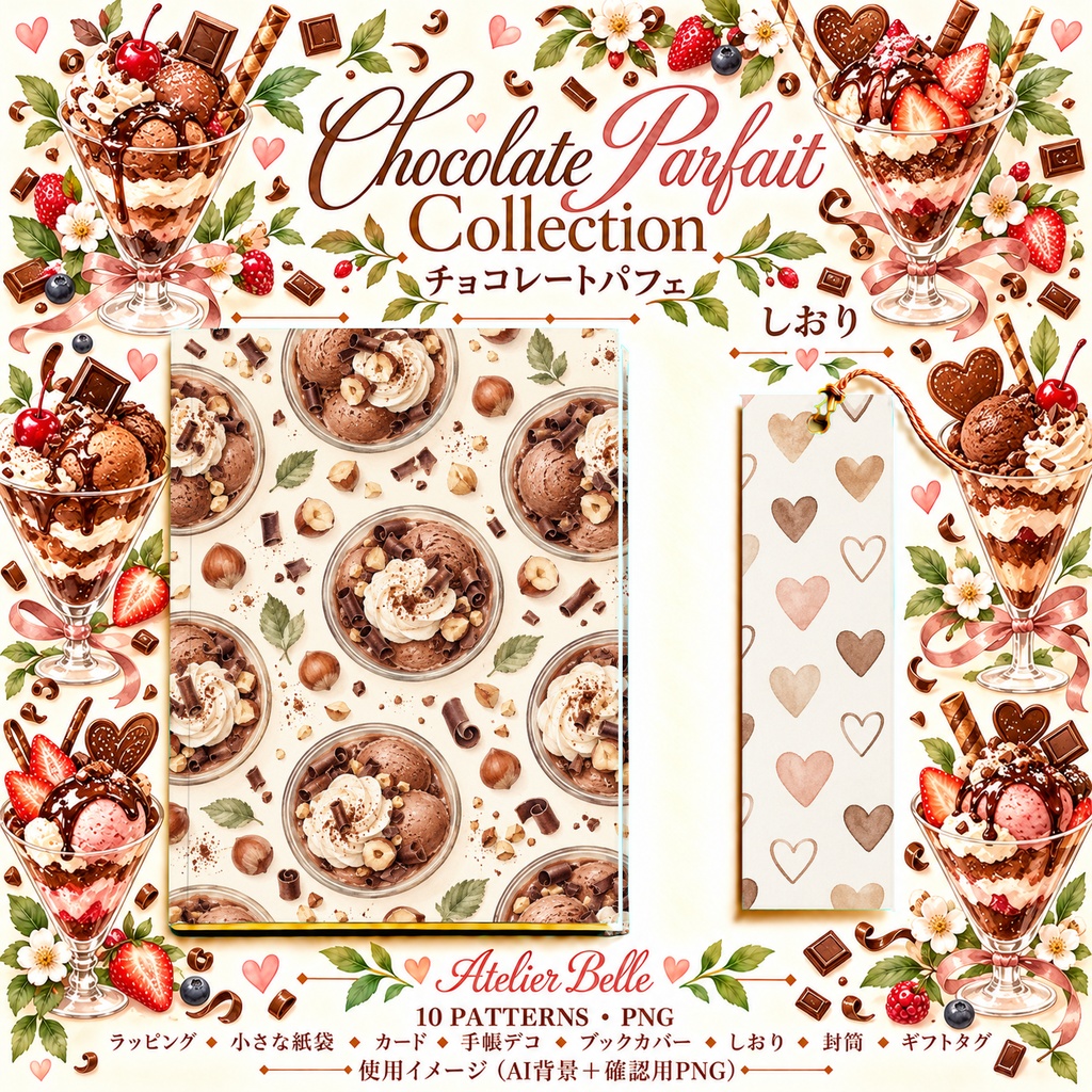 Chocolate Parfait Collection|チョコレートパフェ|水彩デジタルペーパー10柄|カフェ・スイーツ・手帳素材|PNG素材|A4印刷用PDF付き
