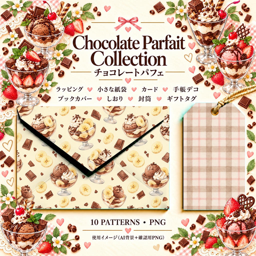 Chocolate Parfait Collection|チョコレートパフェ|水彩デジタルペーパー10柄|カフェ・スイーツ・手帳素材|PNG素材|A4印刷用PDF付き