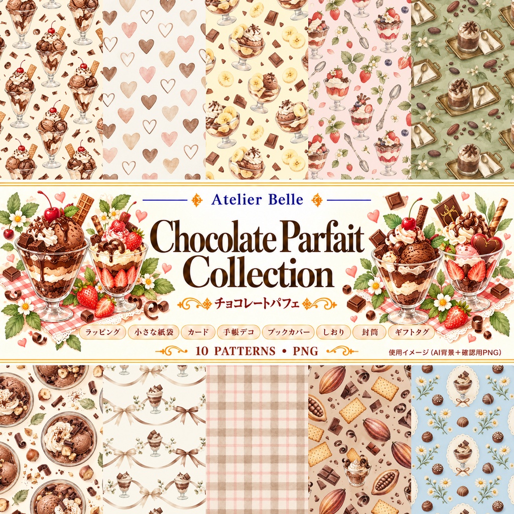 Chocolate Parfait Collection|チョコレートパフェ|水彩デジタルペーパー10柄|カフェ・スイーツ・手帳素材|PNG素材|A4印刷用PDF付き