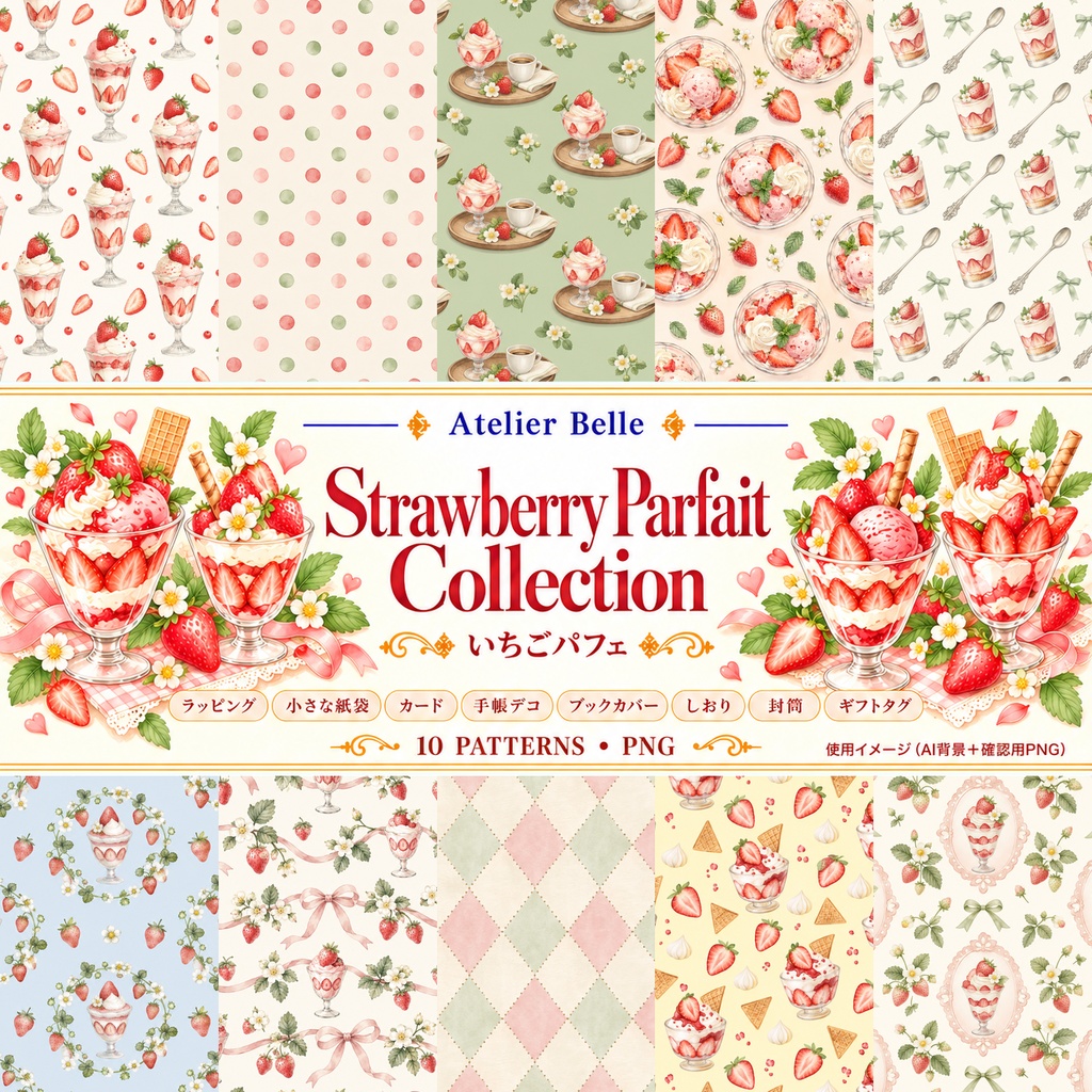 Strawberry Parfait Collection|いちごパフェ|水彩デジタルペーパー10柄|カフェ・スイーツ・手帳素材|PNG素材|A4印刷用PDF付き