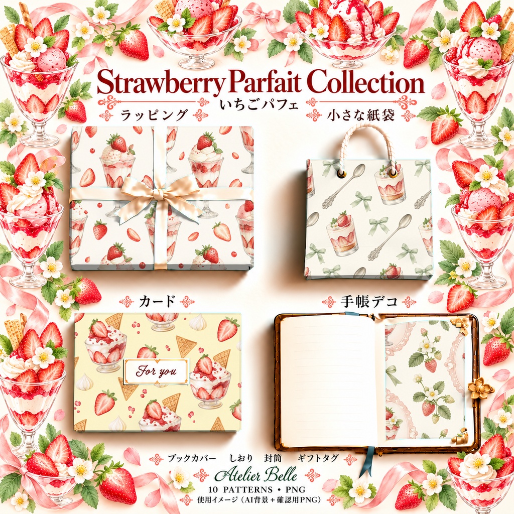 Strawberry Parfait Collection|いちごパフェ|水彩デジタルペーパー10柄|カフェ・スイーツ・手帳素材|PNG素材|A4印刷用PDF付き